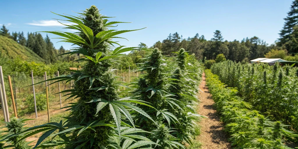 Outdoor garden with flourishing Royal Cookies Auto strain plants under bright sunlight, surrounded by vibrant green foliage and a clear blue sky, illustrating a natural cultivation environment.
