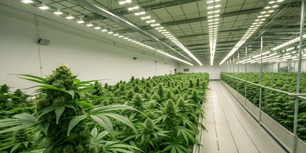 Modern indoor grow room showcasing healthy Royal Creamatic Auto strain plants with dense buds under LED lights.