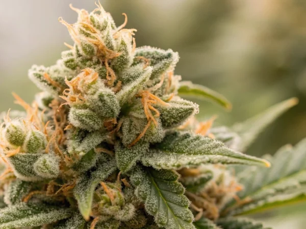 Close-up view of Royal Critical Auto strain buds with intricate trichomes and shimmering resin, displaying a blend of citrus and earthy hues.