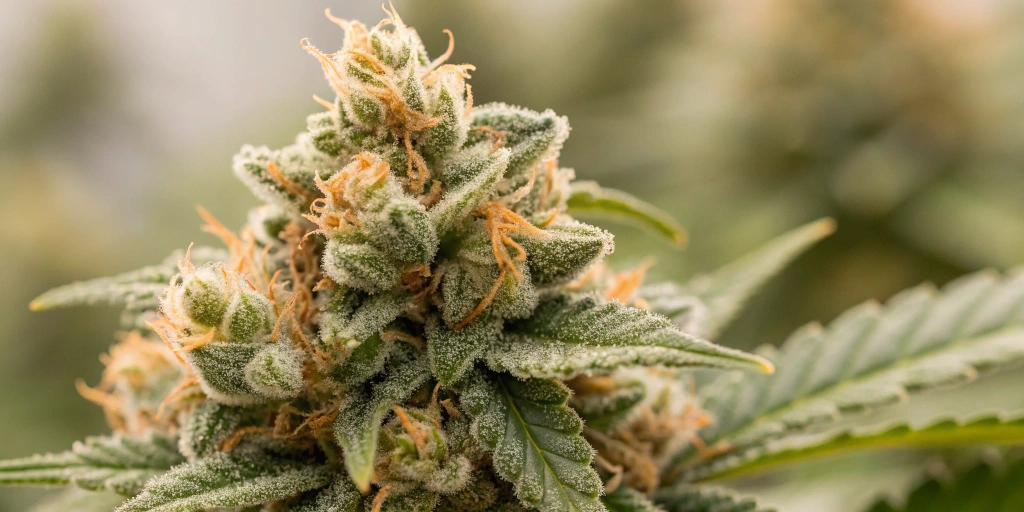 Close-up view of Royal Critical Auto strain buds with intricate trichomes and shimmering resin, displaying a blend of citrus and earthy hues.