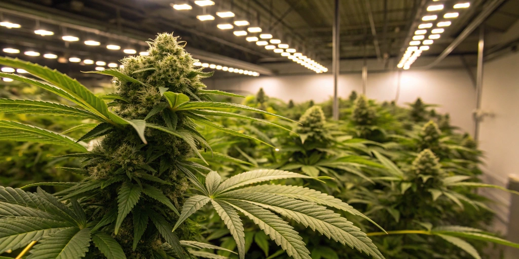 Indoor grow room featuring a healthy Royal Critical Auto strain plant with dense resinous buds and vibrant green leaves under LED lighting.