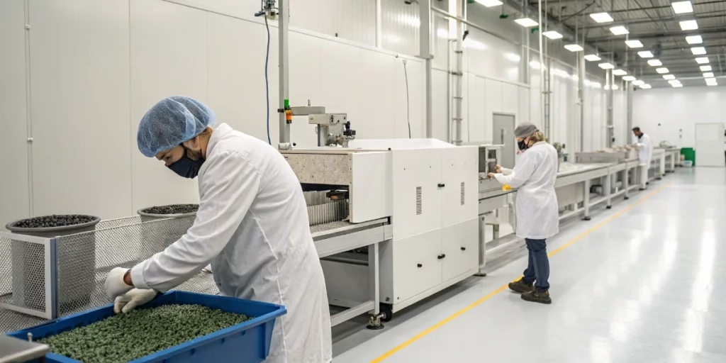 Technicians using Silicone Carbide Pearls to polish and clean cannabis processing equipment in an industrial facility.