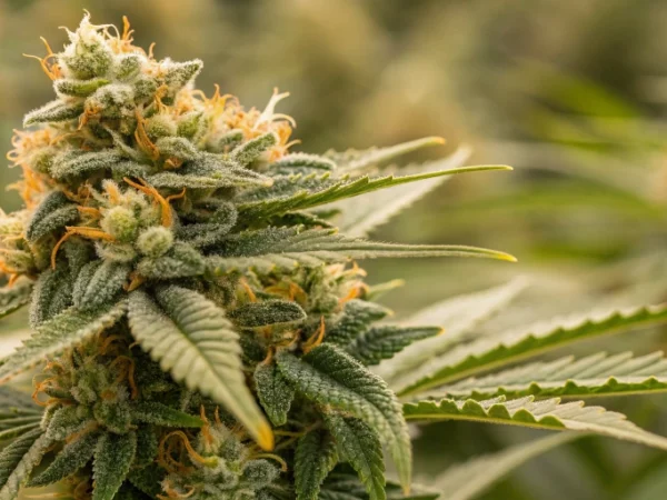 Close-up of mature Sugarlato Auto strain buds showing dense resin, vibrant citrus colors, and sparkling trichomes.