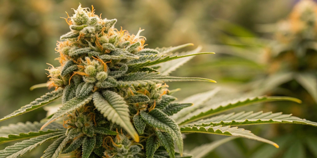 Close-up of mature Sugarlato Auto strain buds showing dense resin, vibrant citrus colors, and sparkling trichomes.