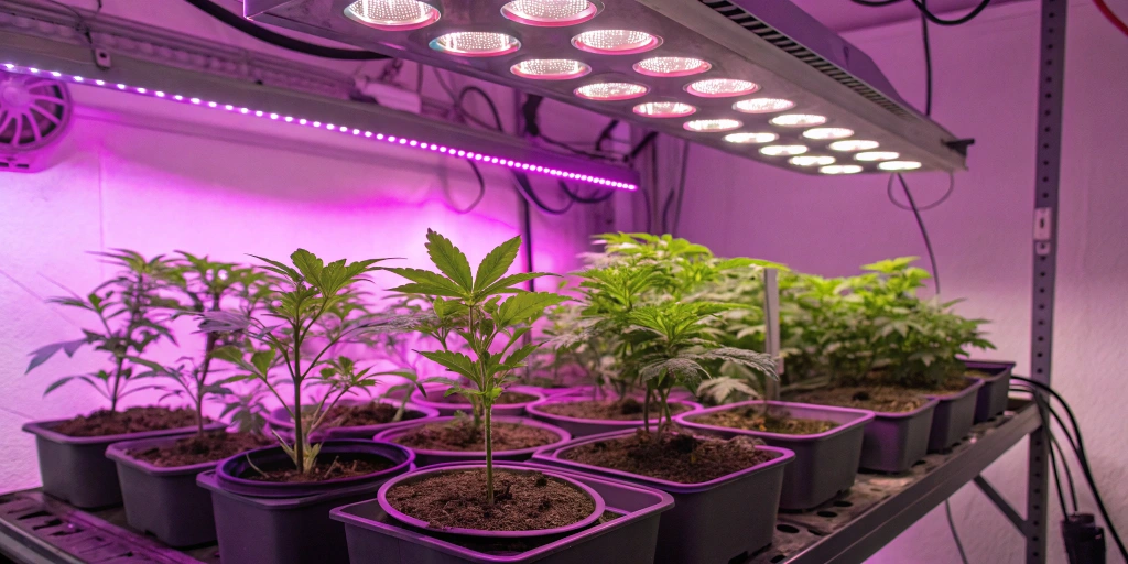 Indoor grow room for Sugarlato Auto strain featuring LED lights, fans, and carbon filters with healthy seedlings in small pots.