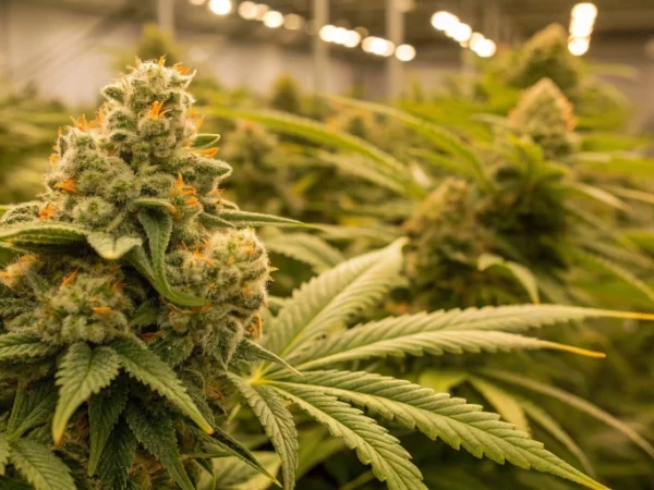 Close-up of Super Bud Auto strain buds showing detailed trichomes and bright citrus colors in a controlled indoor setting.