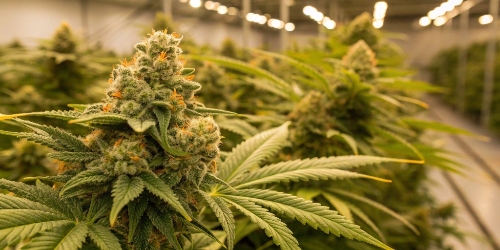 Close-up of Super Bud Auto strain buds showing detailed trichomes and bright citrus colors in a controlled indoor setting.
