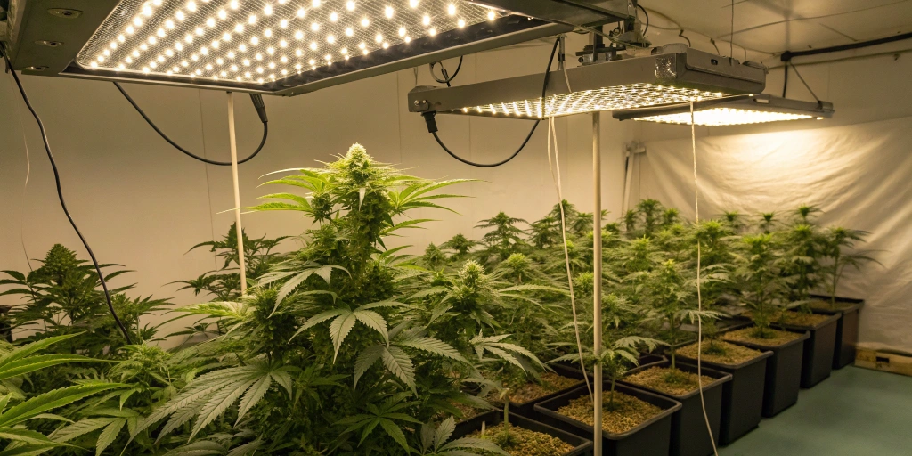Indoor grow room scene with Super Bud Auto strain plants thriving under LED lighting and advanced cultivation equipment, emphasizing controlled environment conditions.