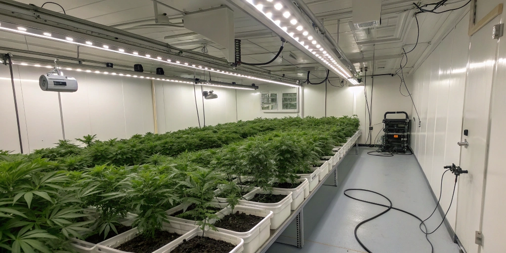 Indoor grow room with wedding glue auto strain plants under LED lights in a clean, controlled environment.