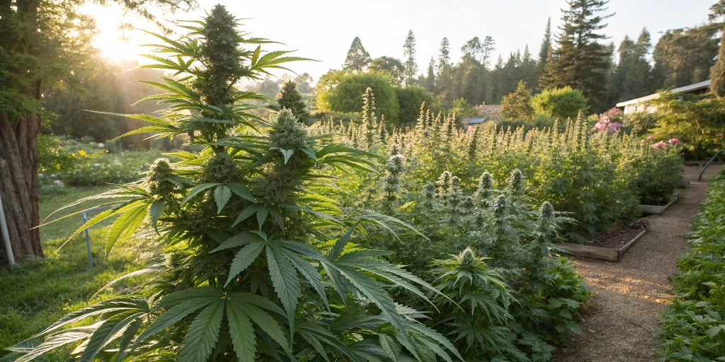 Outdoor cultivation of wedding glue auto strain with vibrant plants thriving under bright sunlight.