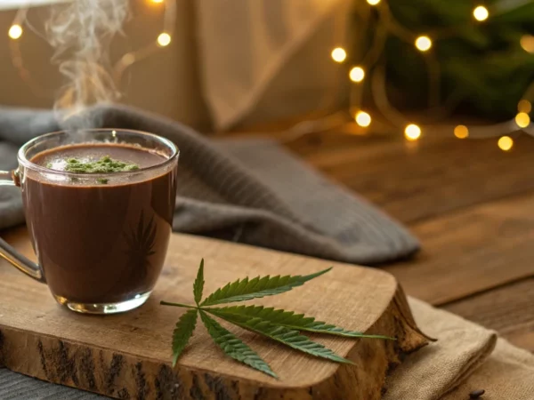 A mug of weed in hot chocolate garnished with a cannabis leaf, inviting you to enjoy a warm, infused drink.