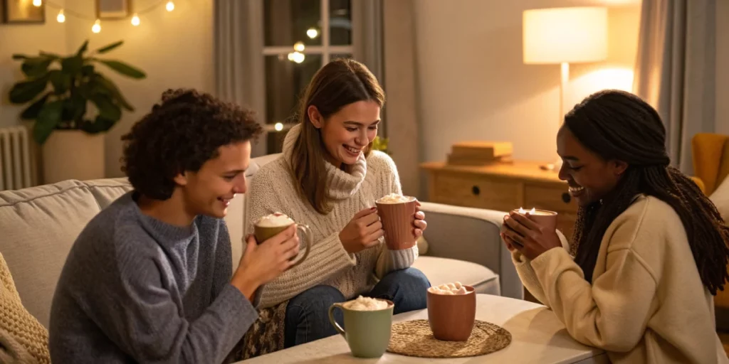 A friendly gathering enjoying weed in hot chocolate in a warm, inviting setting, perfect for relaxed evenings.