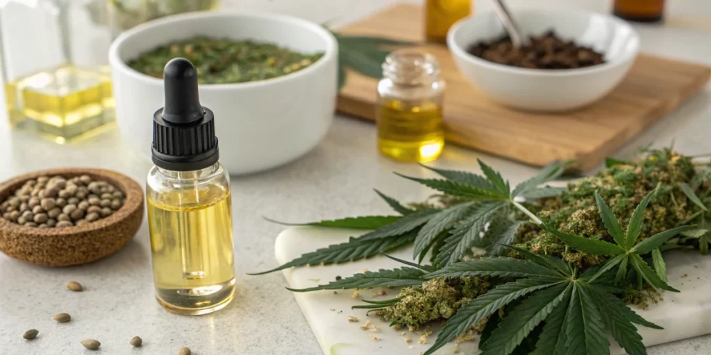 Step-by-step preparation for weed in hot chocolate featuring decarboxylated cannabis and cannabis-infused oil.