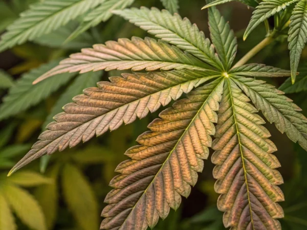 Close-up of wrinkly cannabis leaves displaying texture and stress indicators in a healthy garden setting.