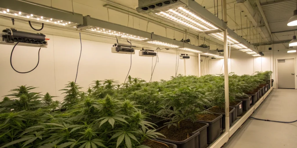 Indoor grow room with optimized lighting and climate control to prevent wrinkly cannabis leaves and support healthy growth.