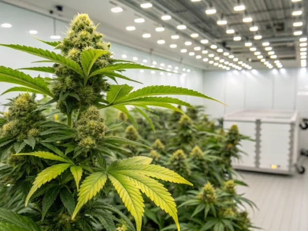 Create a high-resolution image of a flourishing Lemon Pop Auto plant in a modern indoor grow room. The plant is lush, with vibrant green leaves and dense, resinous buds showing hints of lemon-yellow. The background should have bright, full-spectrum LED lights illuminating the scene.