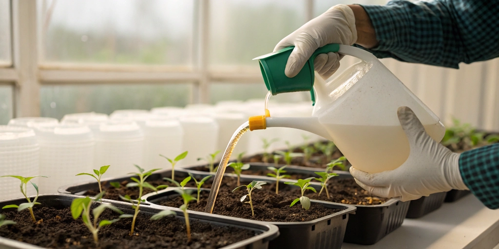 Grower mixing nutrient solution labeled 3 4 2 for cannabis seeds next to seedlings