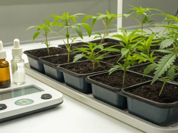 Cannabis seedlings in tray with nutrient bottles labeled 3 4 2 for cannabis seeds