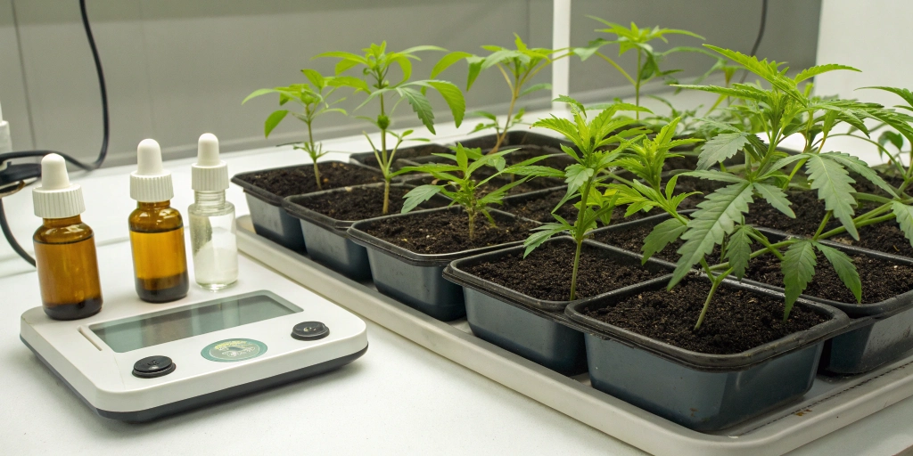 Cannabis seedlings in tray with nutrient bottles labeled 3 4 2 for cannabis seeds