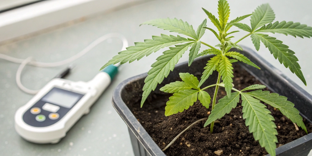 Cannabis early leaf stage plant with pH and TDS meters and 3 4 2 for cannabis seeds label