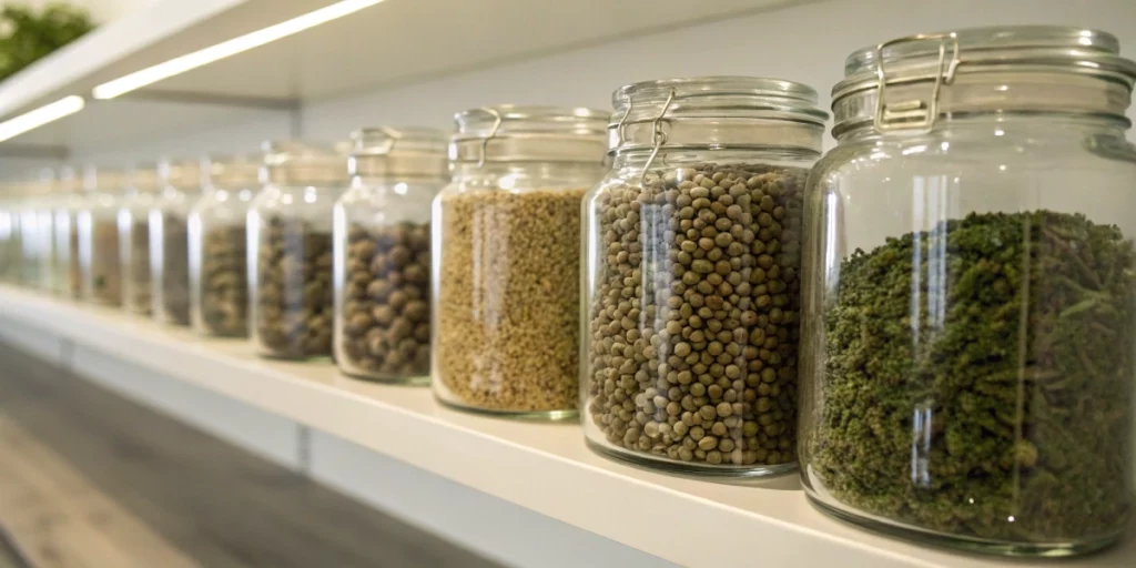 Organized cannabis seed auctions winnings in labeled storage jars