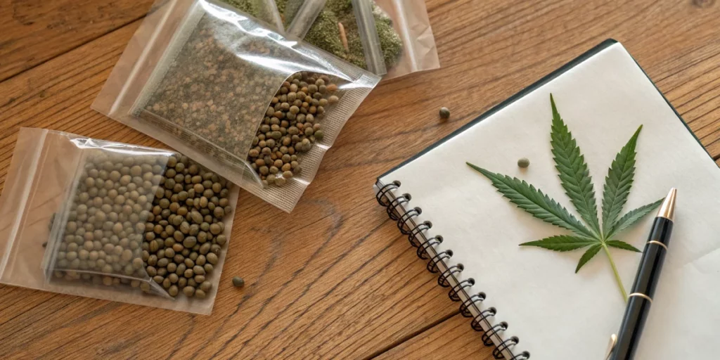 Detailed cannabis seed auctions planning setup with seed packets and notes