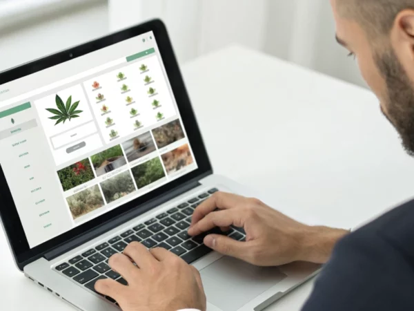 Person placing bids at cannabis seed auctions on laptop screen