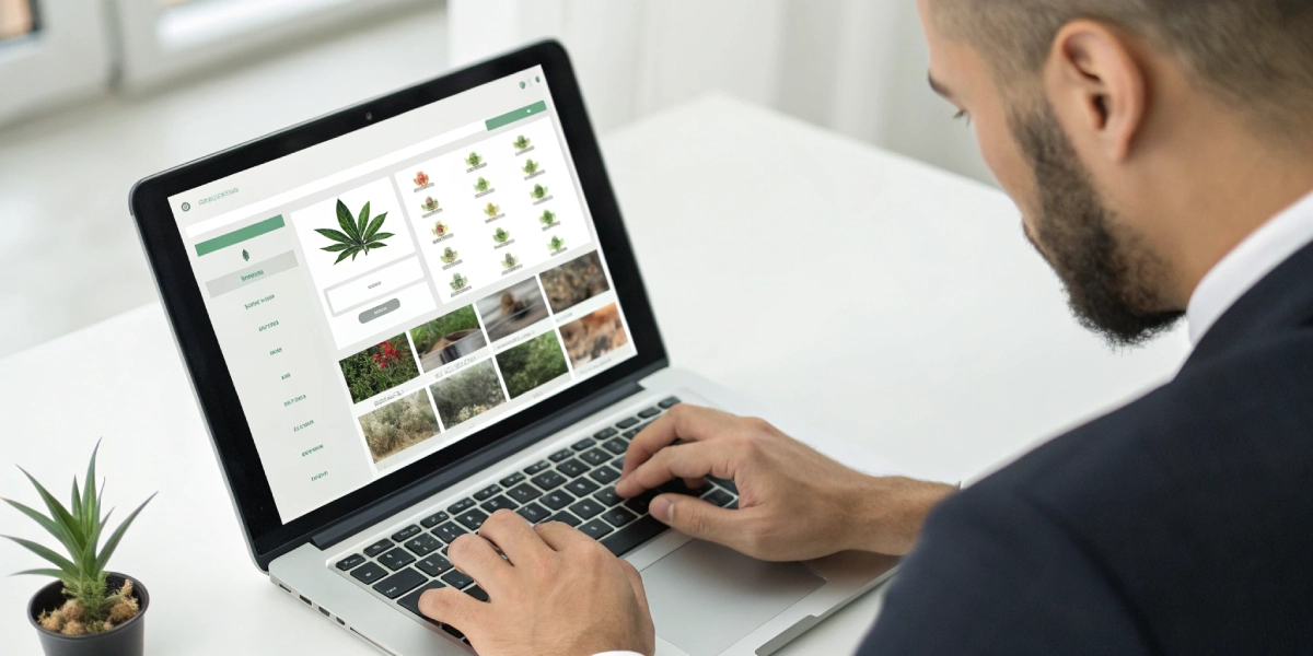 Person placing bids at cannabis seed auctions on laptop screen
