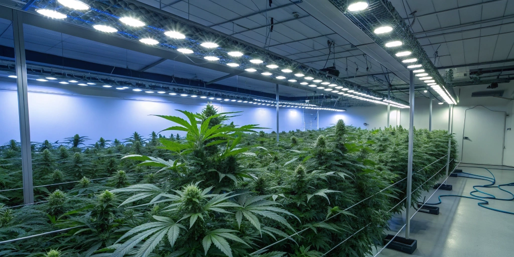 Indoor grow operation featuring mature blue dream cannabis seeds plants thriving under LED lights.