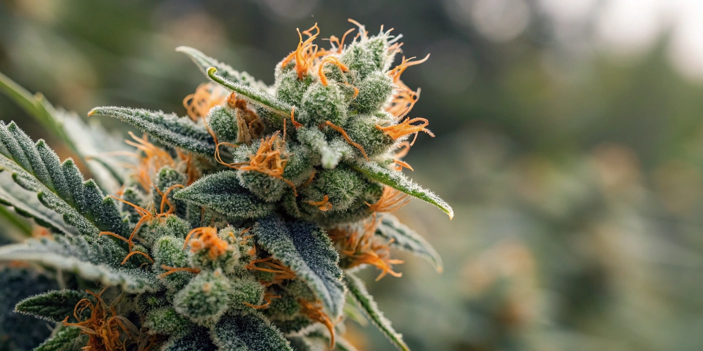 Macro shot of cured blue dream cannabis seeds buds covered in glistening trichomes.