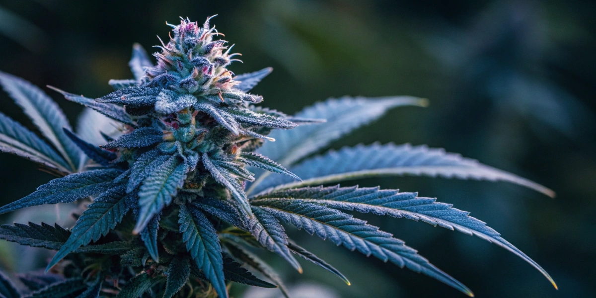 "Close-up of a Blue Mystic bud displaying detailed, sparkling trichomes with blue and purple hues on a dark background."