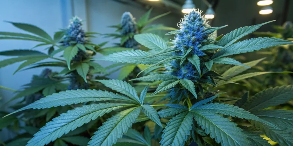 "Indoor view of a Blue Mystic cannabis plant with lush green leaves and blue-tinted buds under soft LED lighting, showing fine details and slight condensation."