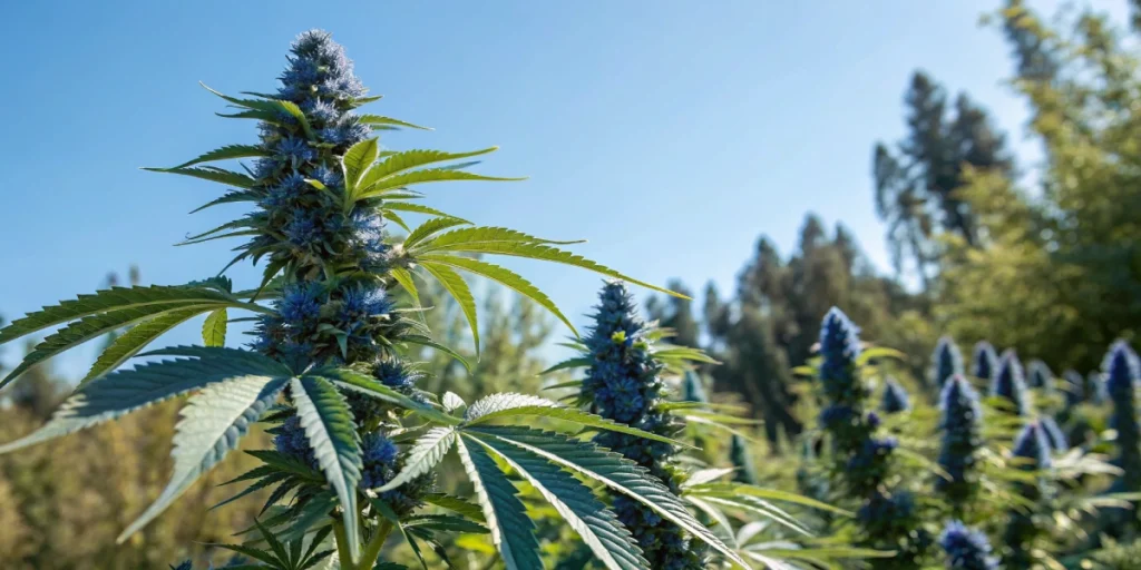 "Outdoor image of a Blue Mystic cannabis plant in full bloom, with vibrant blue buds and green foliage illuminated by natural sunlight against a clear blue sky."