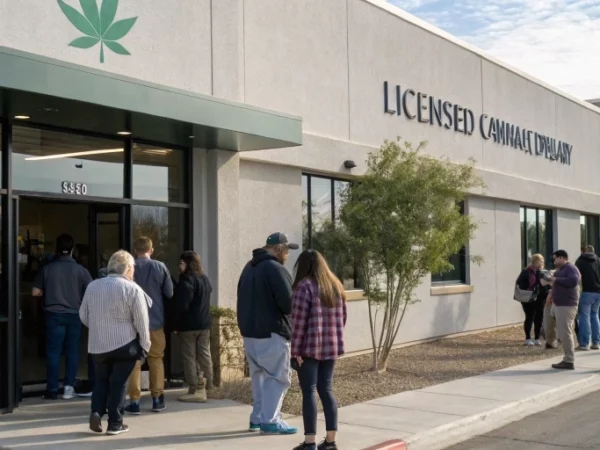 Exterior of licensed dispensary showing is it legal to buy cannabis seeds sign