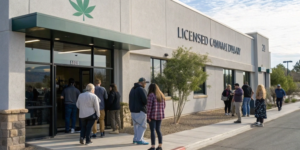 Exterior of licensed dispensary showing is it legal to buy cannabis seeds sign