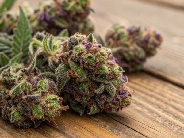Close‑up of Candy Kush Express Fast strain buds covered in glistening trichomes on a wooden surface.