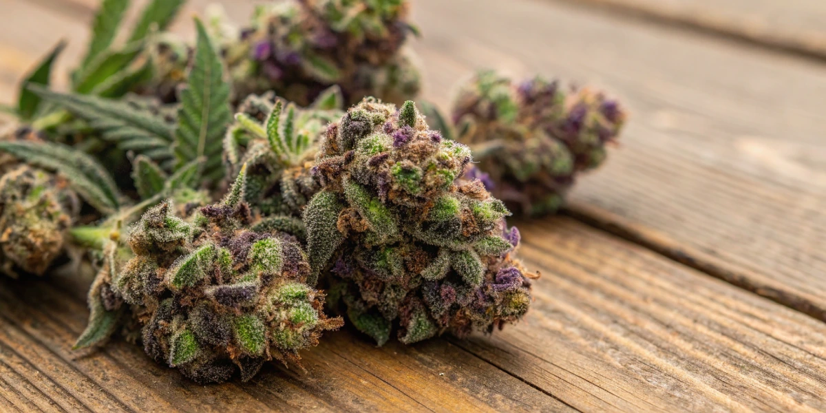 Close‑up of Candy Kush Express Fast strain buds covered in glistening trichomes on a wooden surface.