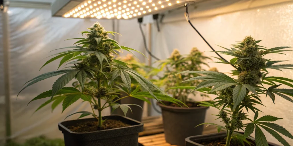 Indoor grow tent with potted Candy Kush Express Fast strain plants under bright LED lights.