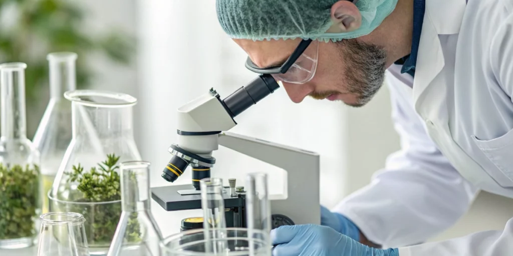 Scientist analyzing Candy Kush Express Fast strain sample under a microscope in a lab.