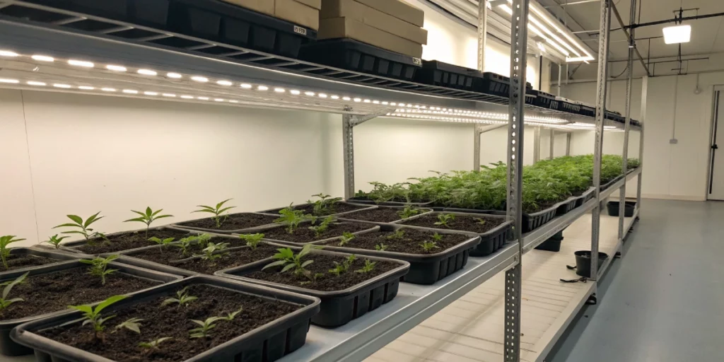 Indoor seedling trays labeled cannabis seeds new mexico under LED grow lights