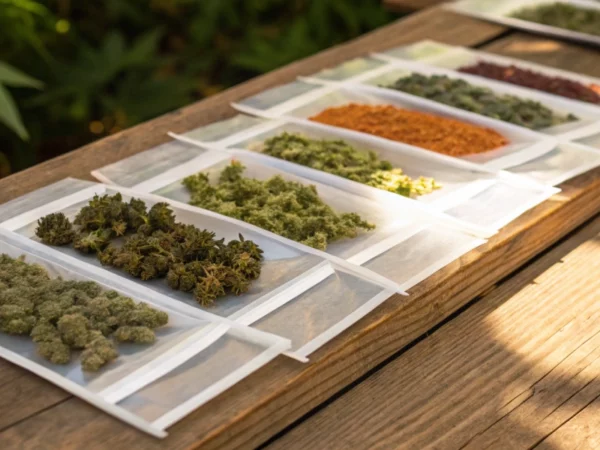 Cannabis seeds new mexico packets displayed on a rustic wooden table under sunlight