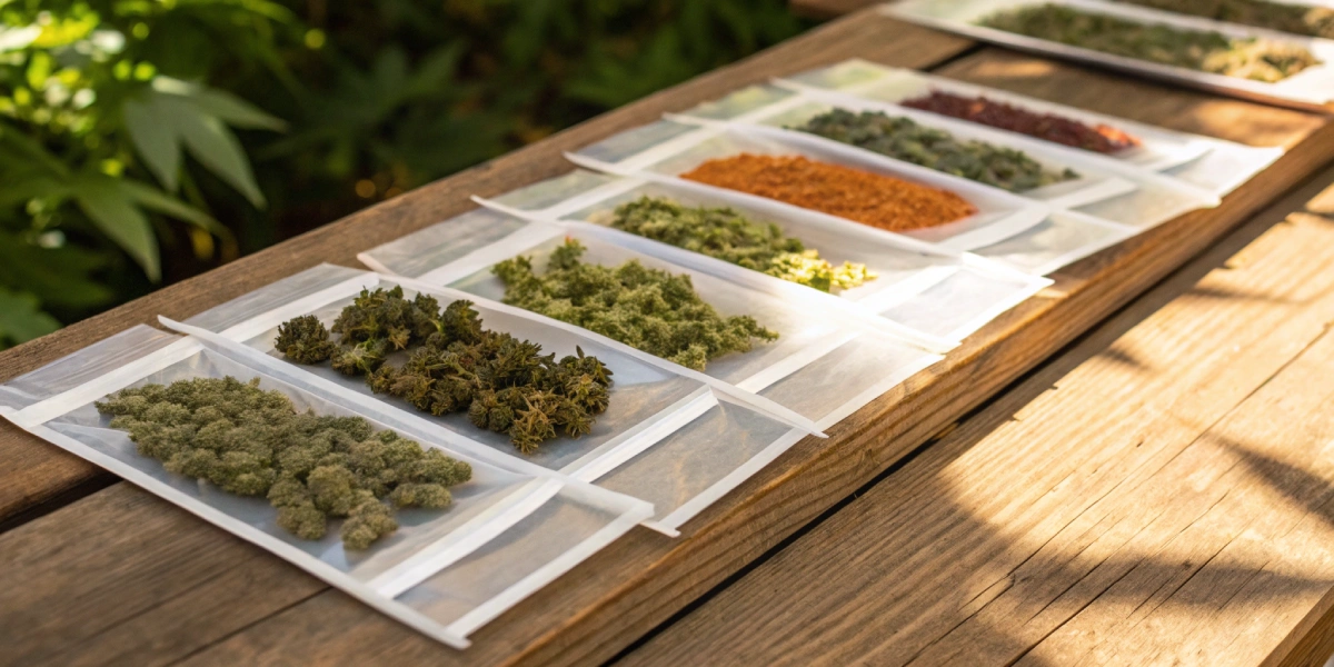 Cannabis seeds new mexico packets displayed on a rustic wooden table under sunlight