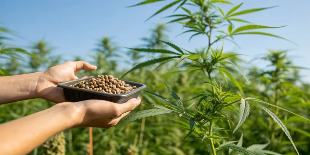 Hand holding cannabis seeds new mexico tray with greenery and sky in background