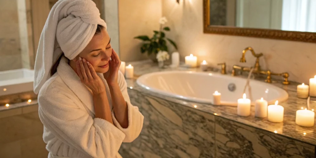 Woman applying cannabis sativa seed oil herbal cleanser for a luxurious skincare routine.
