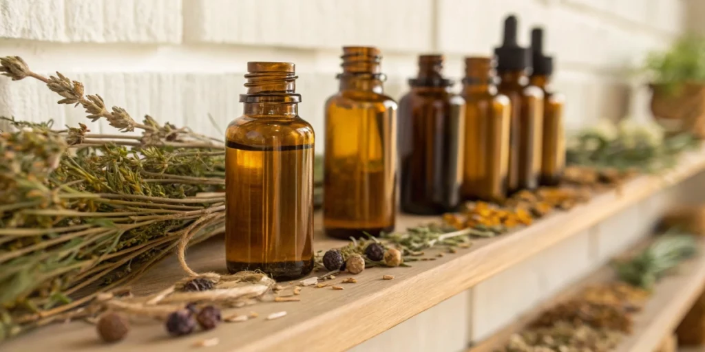 Shelves of herbal skincare featuring cannabis sativa seed oil herbal cleanser bottles.