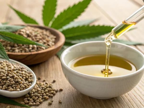 Close-up of cannabis sativa seed oil herbal cleanser ingredients with hemp seeds and leaves.