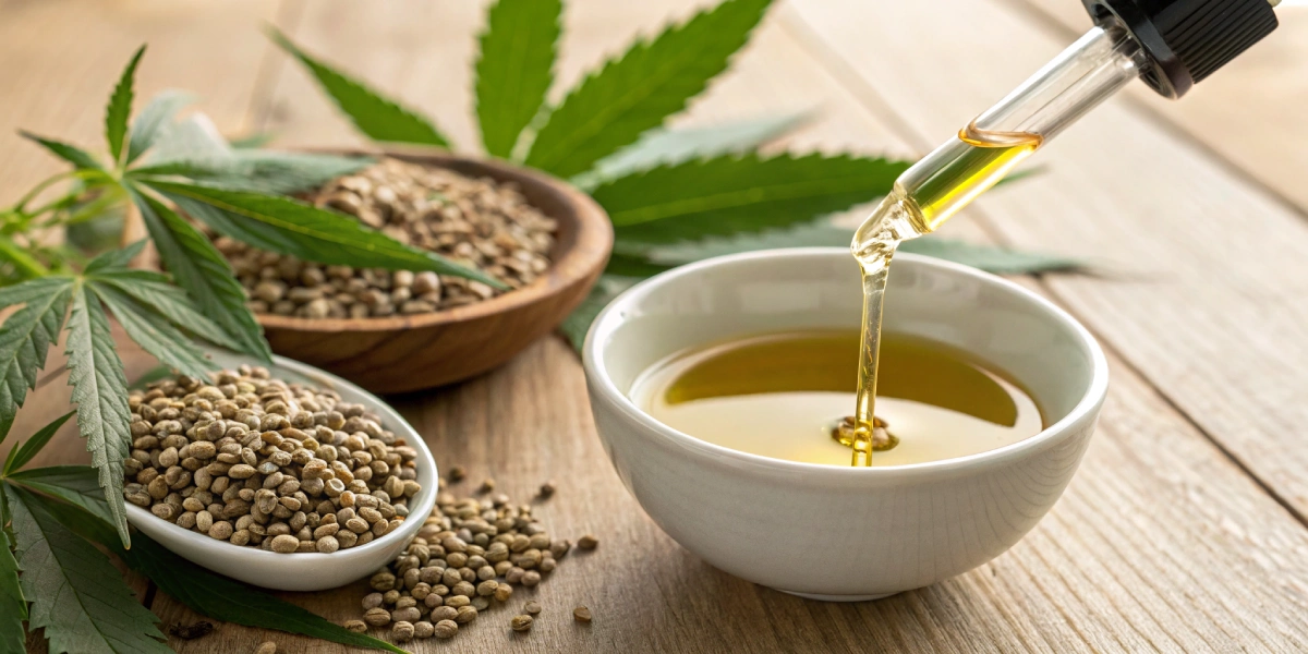 Close-up of cannabis sativa seed oil herbal cleanser ingredients with hemp seeds and leaves.