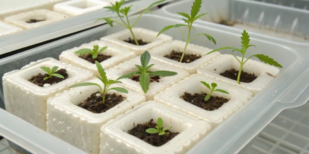 A realistic image illustrating how long do cannabis seeds take to germinate with seedlings in starter cubes under a dome.
