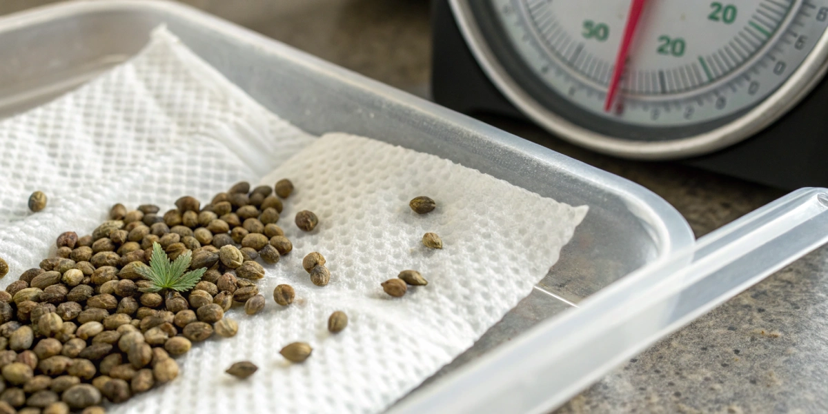 A photograph showing how long do cannabis seeds take to germinate on damp paper towels with humidity readings.