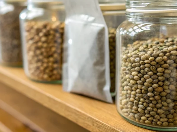 Glass jars filled with cannabis seeds and desiccant showing how long do cannabis seeds last in optimal storage